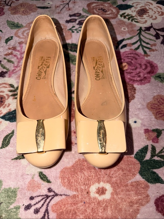 Salvatore Ferragamo Shoes - Salvatore Ferragamo Blush Patent Leather Bow Flats with Gold Accent